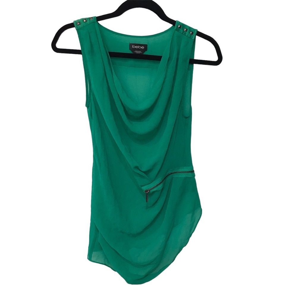 Bebe Sheer green cowl neck top drape neck blouse decorative zipper going out